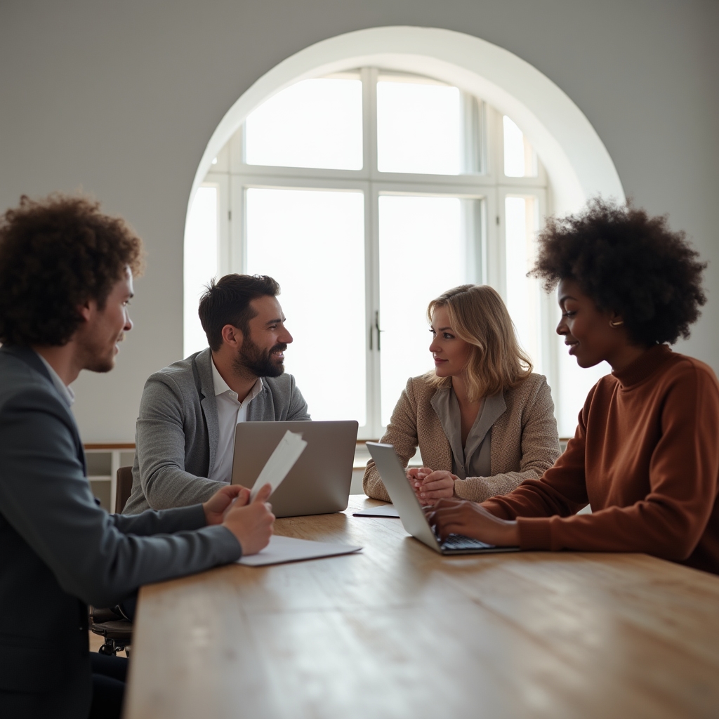 Gruppo di lavoro che progetta i contenuti del corso in un ufficio luminoso a Torino